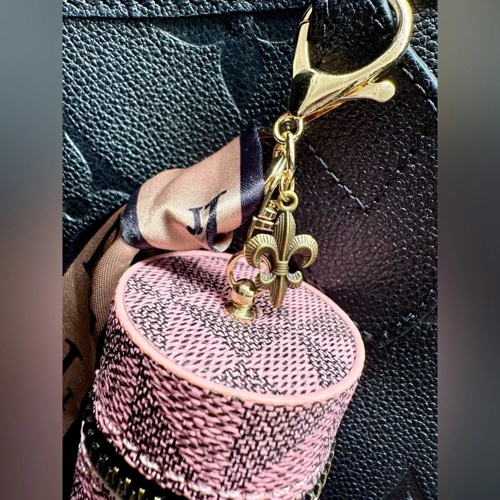 New Pink Geometric Print Mini Bag Purse Charm Keychain w/ Scarf & Fleur de Lis